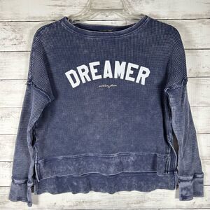 Betsey Johnson Performance Vintage Wash DREAMER Waffle Split Hem Navy T-shirt S